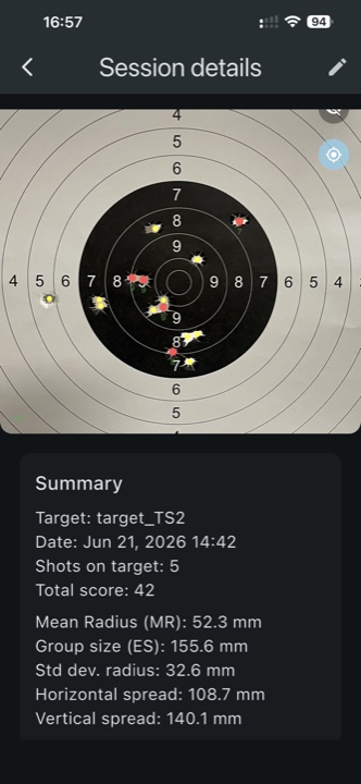 Red markers — hits from the current string. Yellow — hits from previous strings in the same session.